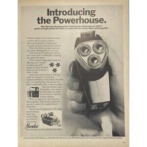 Norelco Rechargeable Tripleheader Speedshaver "The Powerhouse" Vtg Print Ad 1967